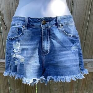 No brand high rise distressed denim shorts